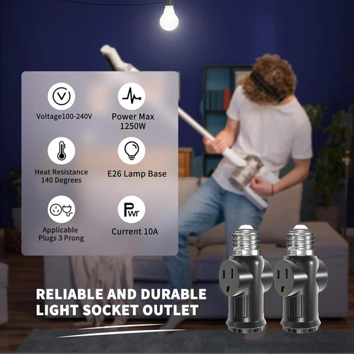 2X Light Socket to Plug Adapter 2/3 Prong Light Bulb Outlet Socket w/ Pull Chain - Bild 7 von 12