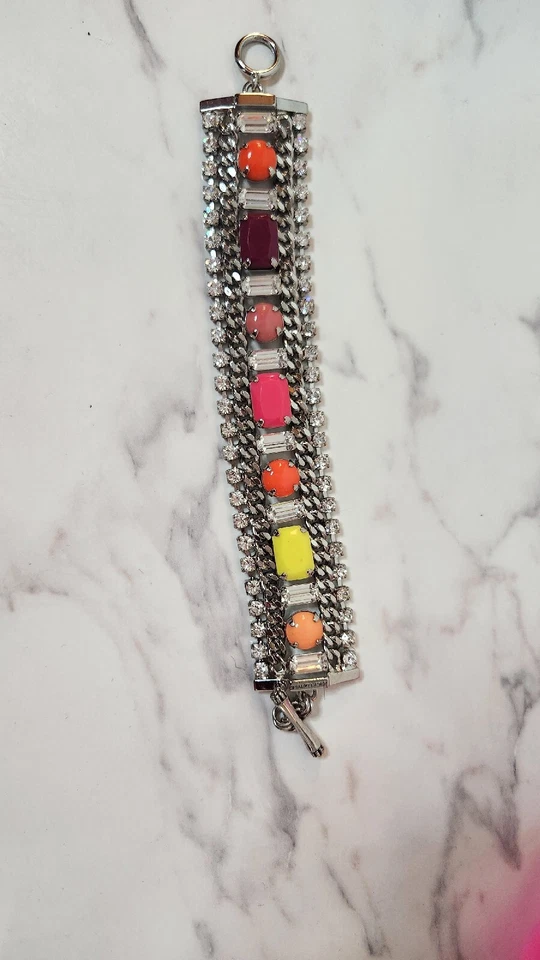 Juicy Couture Silver Tone Neon Rainbow Crystal Rhinestone Wide Toggle Bracelet - Image 2 of 4