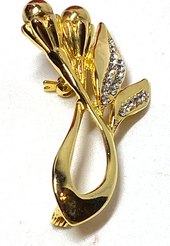 Broche Floral Tono Dorado Brillante Con Hojas Pave 2.25" Alto - Imagen 1 de 9