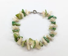 White & Green Dyed Mother of Pearl Silver Tone Bracelet Boho Beachy 7.5" Long
