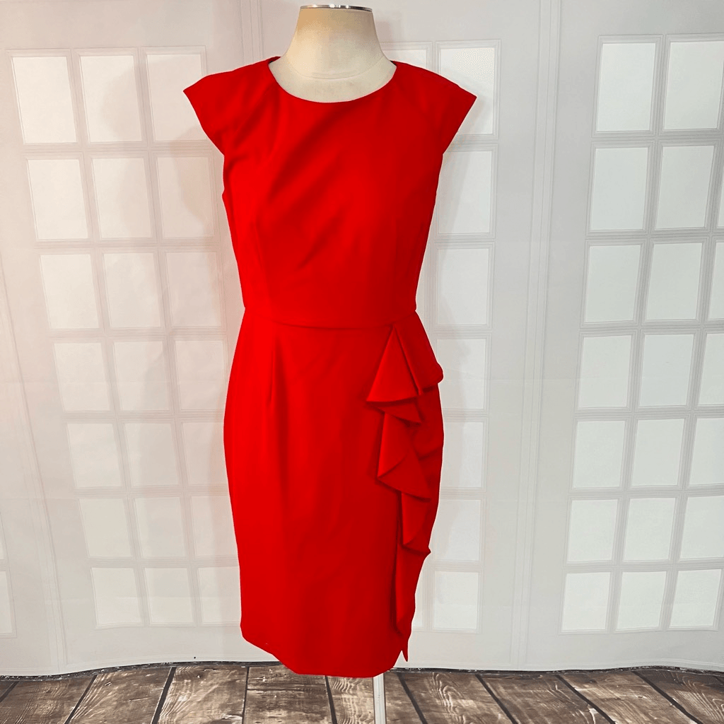 calvin klein red dress with ruffle Calvin Klein Red Ruffle Crew Neck Cap Sleeve Lined Sheath Dress Size 6
