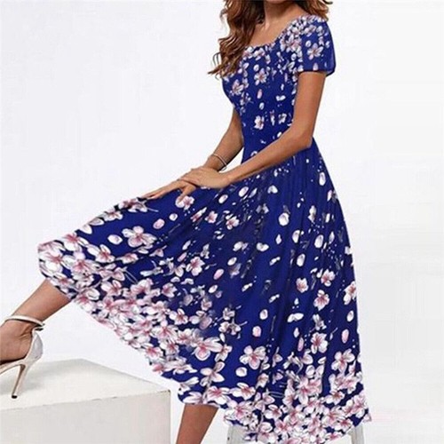 Midi Dress Summer Sundress Ladies Beach Holiday Womens Short Sleeve Boho Floral - Picture 3 of 18