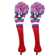 Majek Golf Red White Blue #4 & 5 Hybrid Headcovers Pom Pom Knit Classic Look