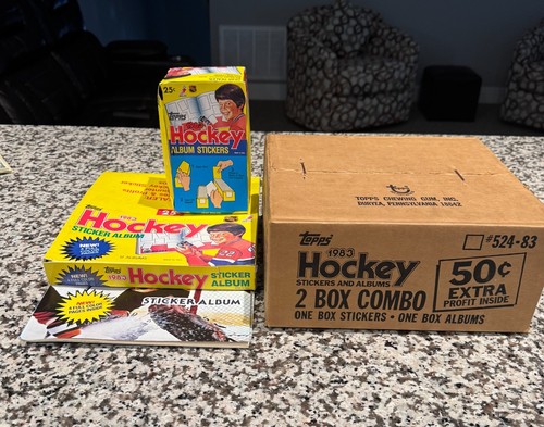 1983 Topps Hockey Album Stickers Box With 100 packs+12 sticker albums
