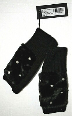 Jocelyn Black Open Fingerless Tip Faux Fur & Pearls Glove Mitten New Tags