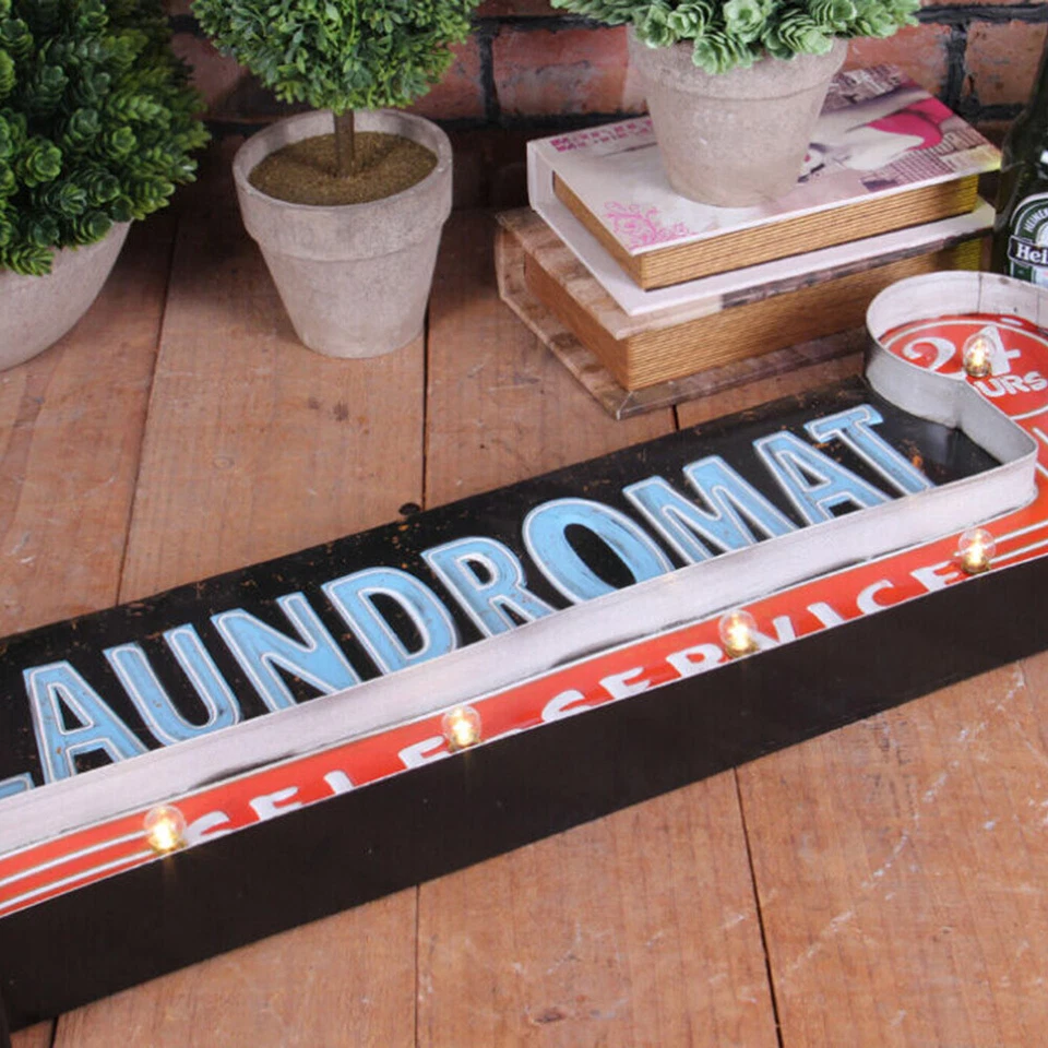 Vintage LED Light Laundry Shop Hanging Sign LAUNDROMAT Sign Art Home Wall Decor - Image 3 of 4