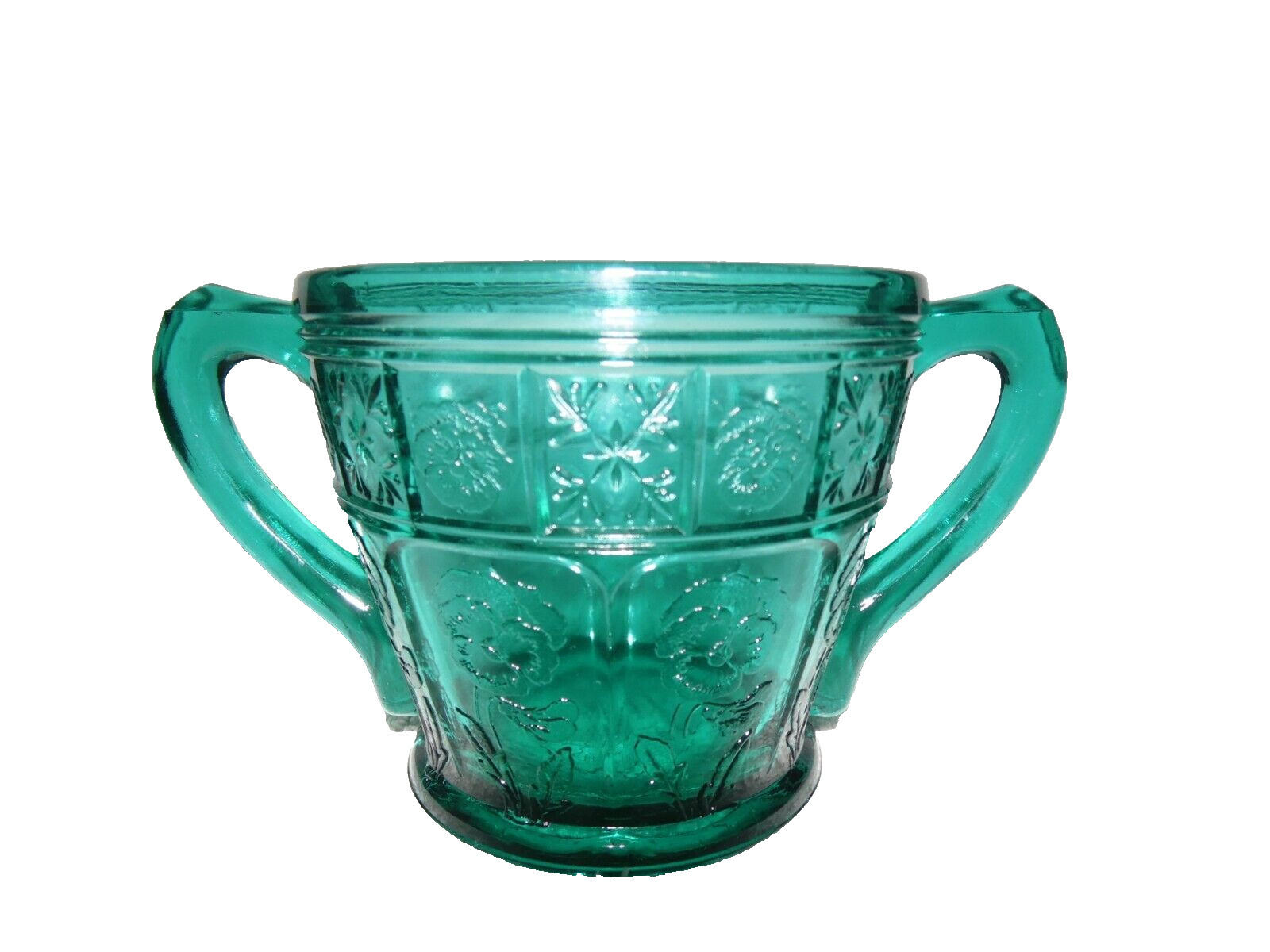 Jeannette Glass Ultramarine Doric & Pansy Reg Size Creamer & Open Sugar, RARE!