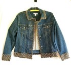 Coldwater Creek Denim Jean Jacket Sz 14P Petite Blue Stretch Brown Tweed Fringe