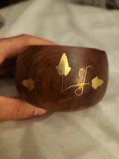 Set Of 6 Floral Carved Wood Coasters 3 3/8 W/Brass Inlay Floral Holder Vintage