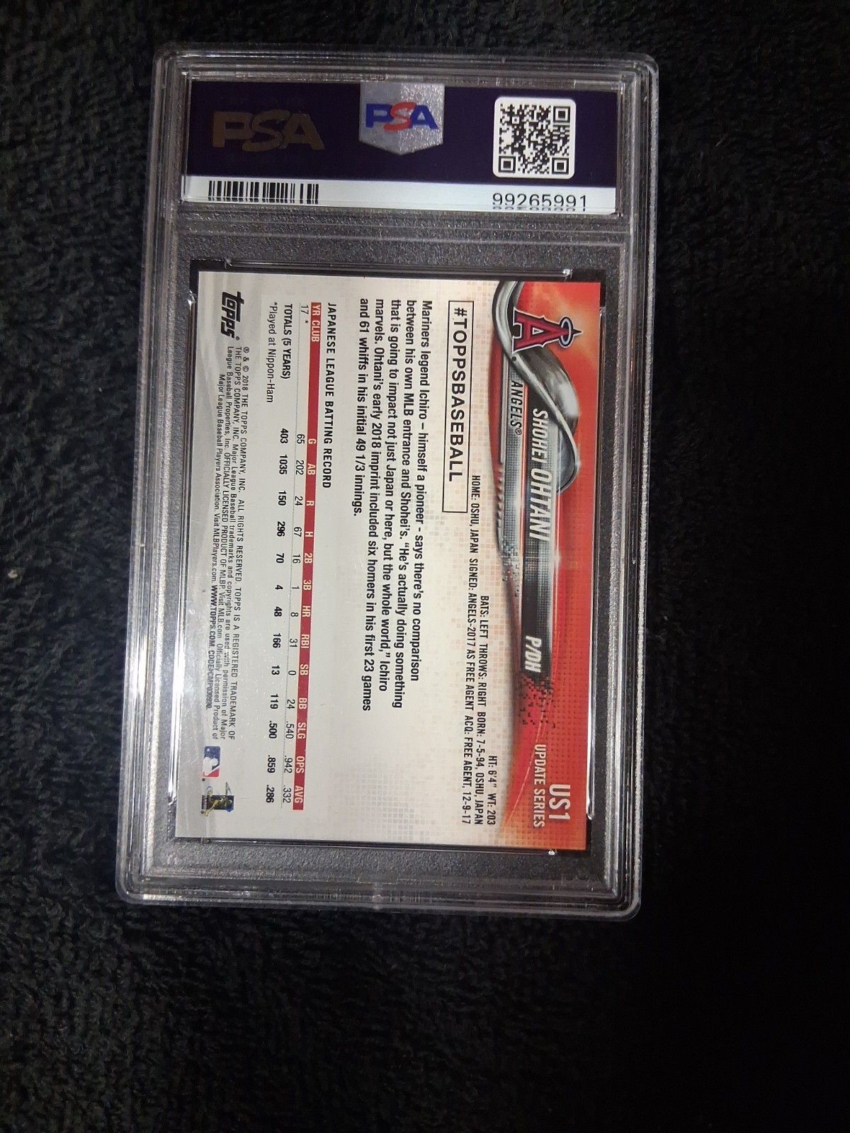 2018 Topps Update Shohei Ohtani #US1 PSA 9 view 2
