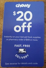 CHEWY COUPON: $20 Off Your Next Order of $49 or More Exp. 1/31/26