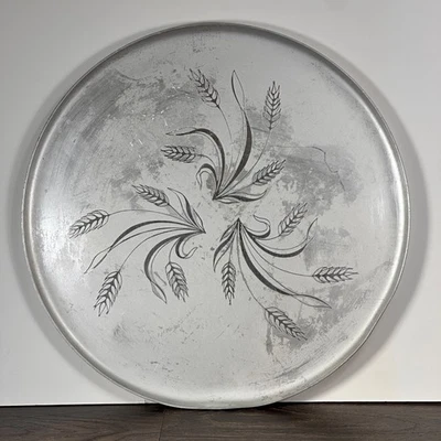Vintage Mid-Century 16" Etched Aluminum Serving Tray Platter Triple Wheat Motif - Image 1 of 4