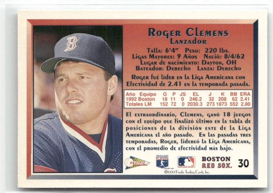 1993 Pacific Spanish #30 Roger Clemens Boston Red Sox - Image 2 of 2