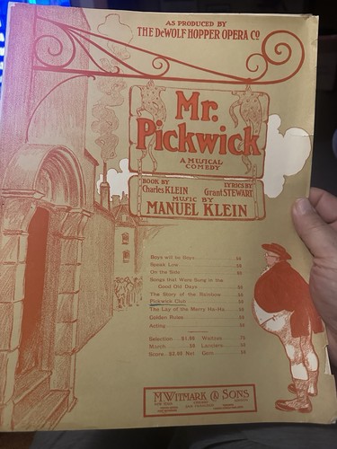 1902 11x14 revue sheet music from MR. PICKWICK ‘Pickwick Club’ Manuel Klein