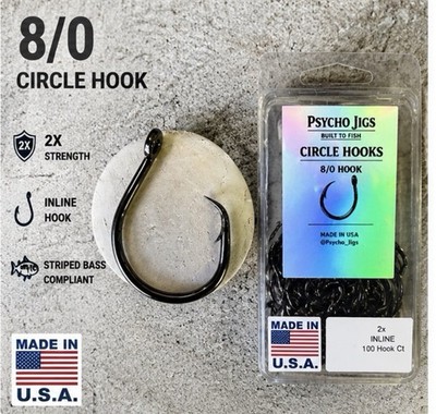 Psycho Jigs 8/0 Inline Circle Hooks 2x 100 Pack Striped Bass, Circle Hook Legal.