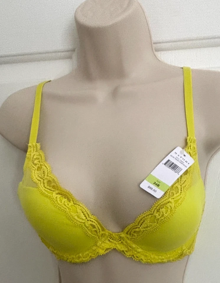NUEVO CON ETIQUETAS SUJETADOR CON AROS NATORI 34B PLUMAS PLUNGE 730023 Chartreuse Amarillo Encaje Foto 2 de 4