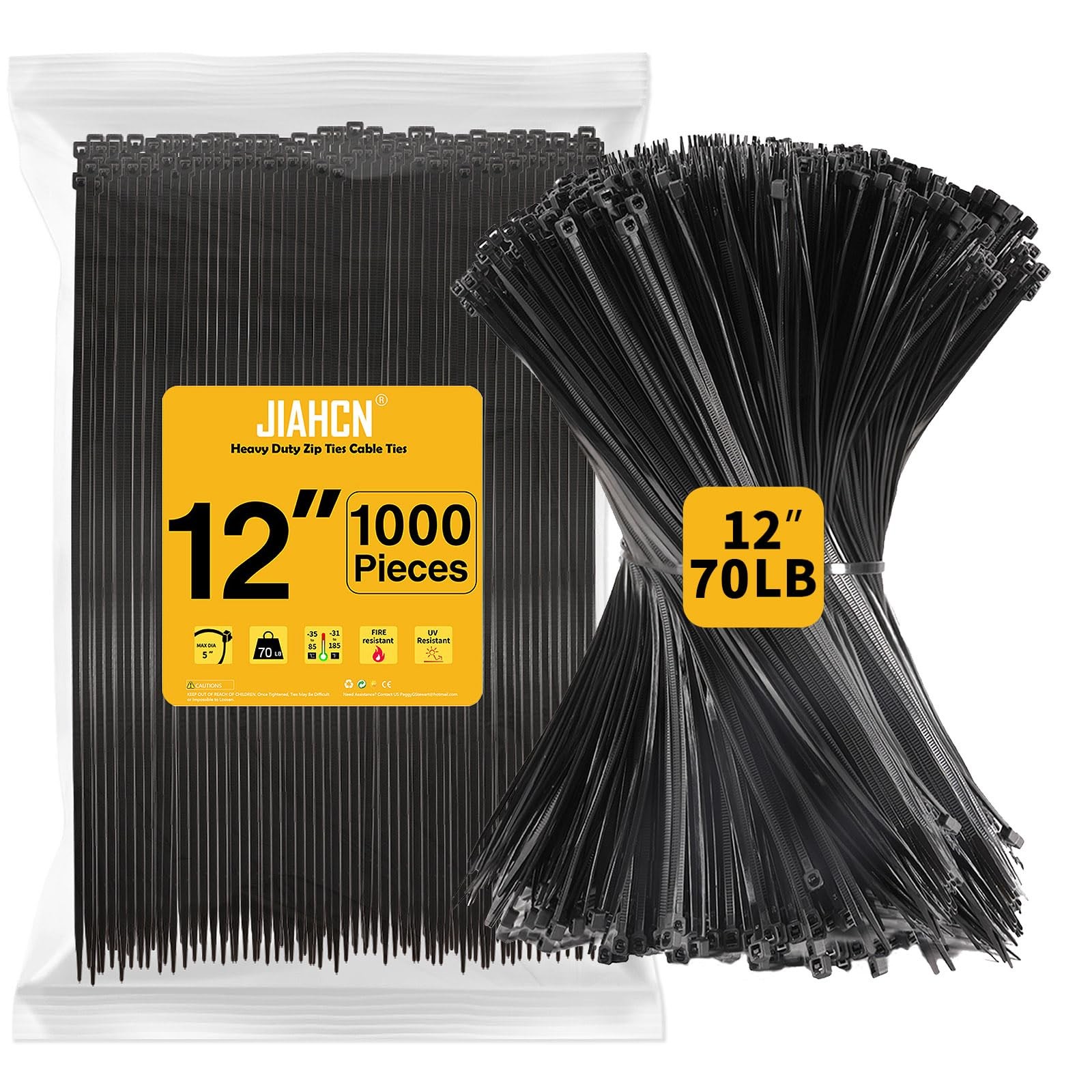 Heavy Duty 12 Inch Black Zip Ties 1000pcs 70lb Tensile Strength Long Zipties