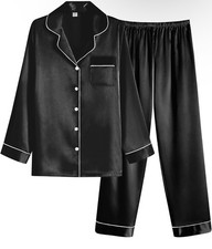 Ekouaer Women Satin Pajamas Set Classic Button Down Long Pjs Set Large