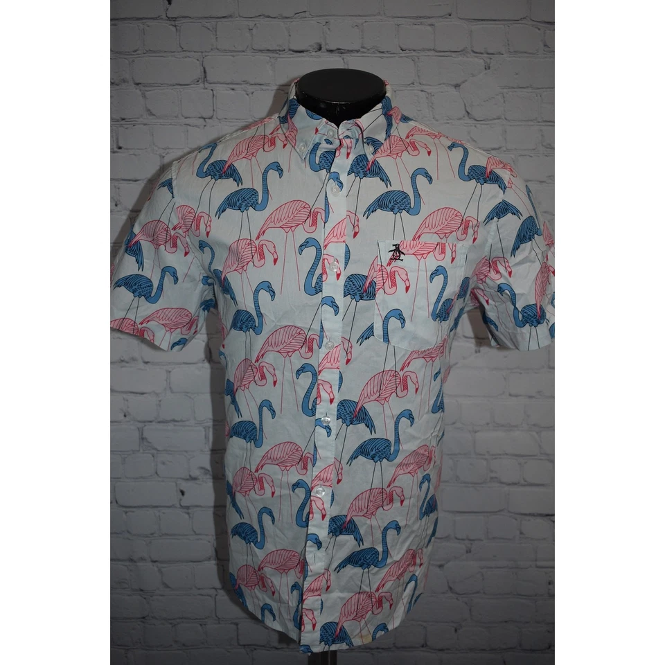 Original Penguin Munsingwear Shirt Men Size Large Hawaiian Blue Pink Flamingo - Image 2 of 4