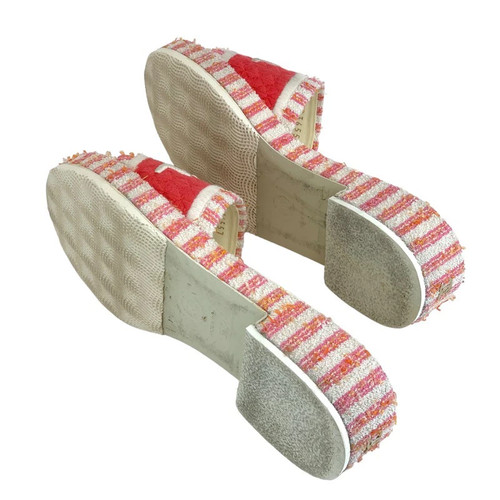 CHANEL Sandals Shoes Fabric Pink White Mules Coco Mark Logo Embroidered Stripes - Picture 6 of 10