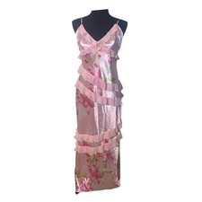 Beginning Boutique Pink Floral Ruffle Satin Maxi Dress Open Back US 6 NEW