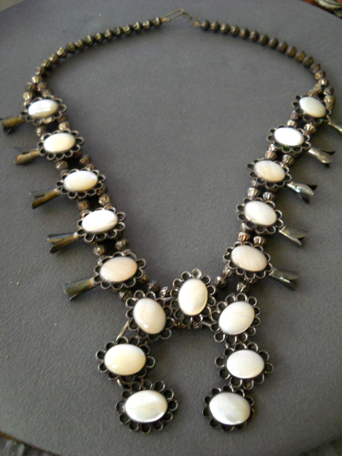One Of The Finest Vintage Navajo Mother Of Pearl Native American Jewelry Silver Squash Blossom Necklace One Of The Finest Vintage Navajo Mother Of Pearl Native American Jewelry Silver Squash Blossom Necklace