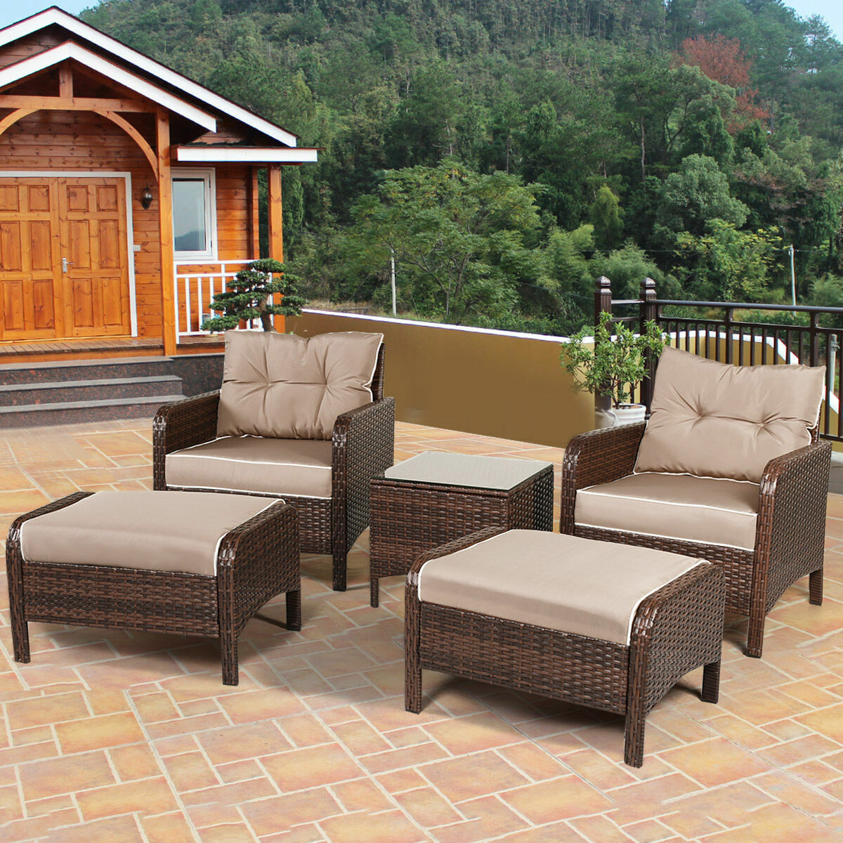 5 Pcs Rattan Wicker Furniture Set Sofa Ottoman W Cushions Patio Garden Yard For Sale Online Ebay