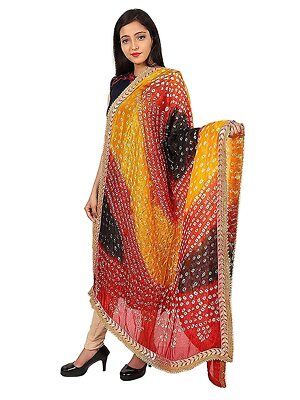 Cotton Silk Bandhani Multi Heavy Dupatta With Gota Work Women Jaipuri  Rajasthani