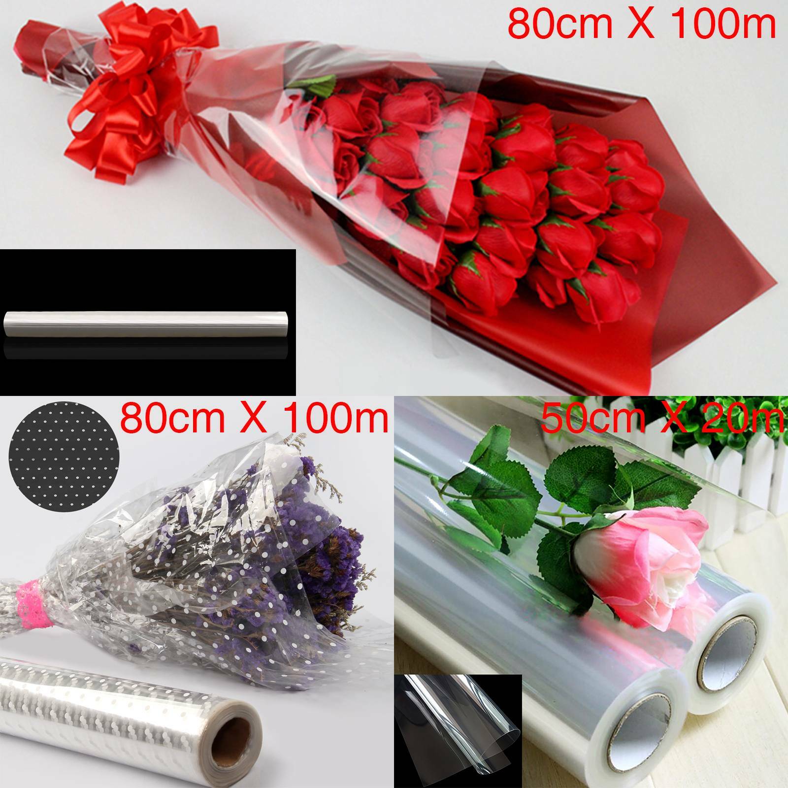 New 100mX80cm Wide Plain Clear Florist Craft Cellophane Roll Film Wrap
