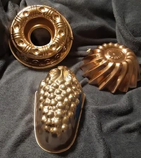 3 Vintage Copper Jello Molds: Ring, Fluted Circle, Grapes