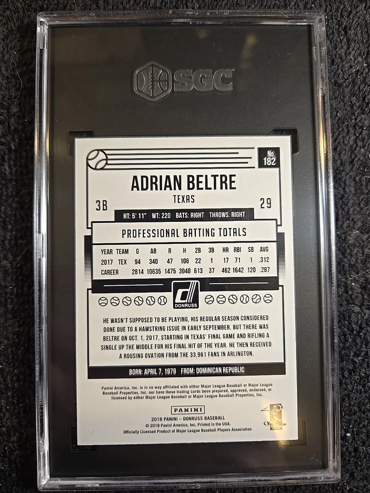 Adrian Beltre 2018 *2/5* SGC 9 MT Donruss #182 prueba de prensa ~1stB Foto 2 de 4