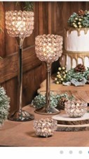 WEDDING RECEPTION PARTY ACRYLIC CRYSTAL BEAD PEDESTAL CANDLE HOLDERS SET OF 2