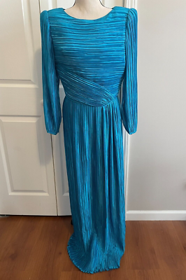 Vintage 80s George F Couture Sz 10 Evening Dress Turquoise Blue Accordion  Pleats | eBay