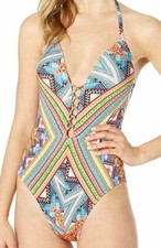  150 Kenneth Cole Swim Women's Orange Arabesque V-Neck One-Piece Swimsuit Size M