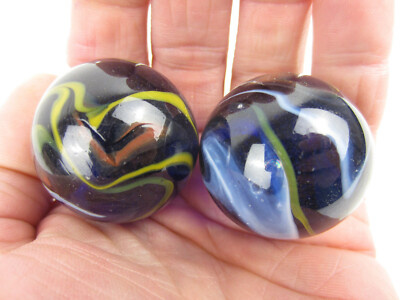 2 BOULDERS 35mm MICHELANGELO Marbles glass Clear Cobalt Blue LARGE HUGE Swirl