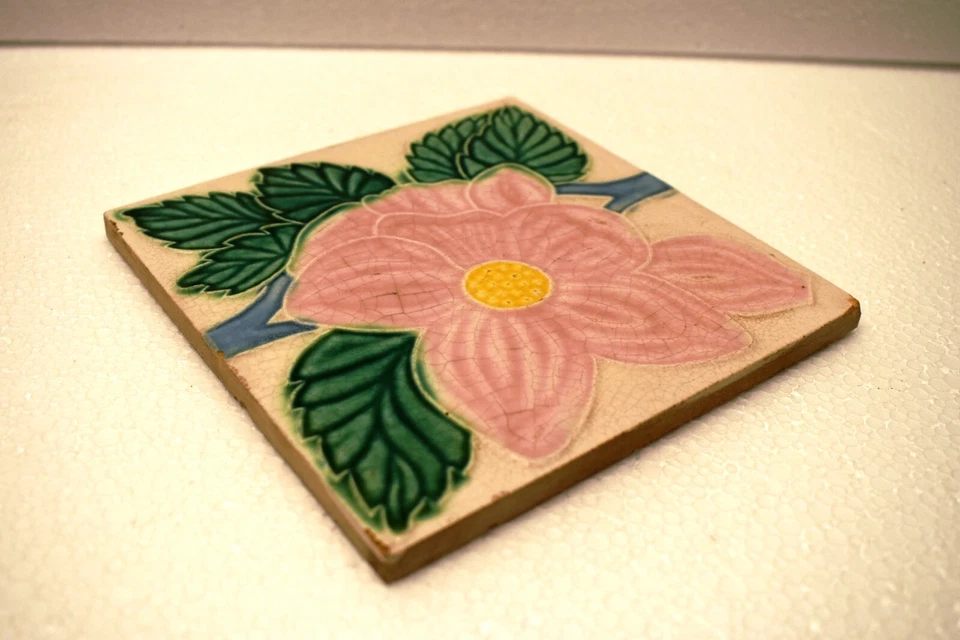 复古 P.P.W Wankaner 新艺术运动 Majolica 瓷砖 – 粉红色花卉设计 Architectu — 第 2/4 张图片