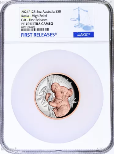 2024 Australia Pink Gold GILT HIGH RELIEF 5oz Silver Koala $8 Coin NGC PF70 FR