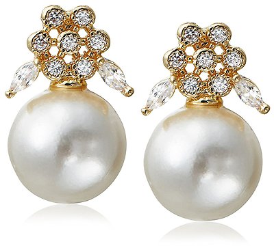 Stella + Ruby Gold Plated Wonderland Pearl Cubic Zirconia Crystal Post Earrings