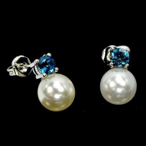 GENUINE AAA WHITE PEARL & LONDON BLUE TOPAZ STERLING 925 SILVER STUD EARRING - Picture 2 of 6