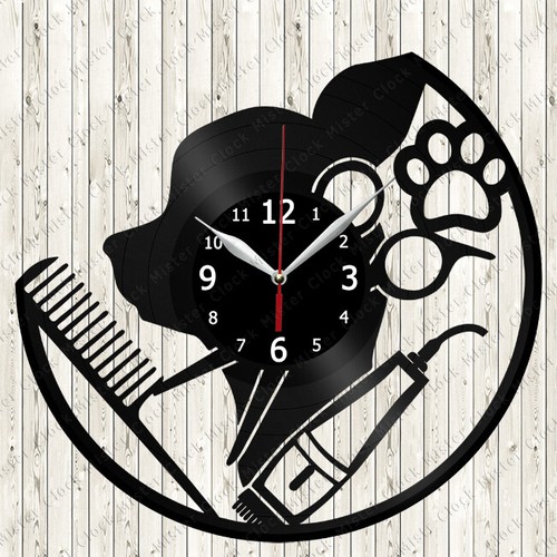 Horloge murale vinyle disque salon de toilettage pour chien décoration fait main 2725 - Photo 1/12