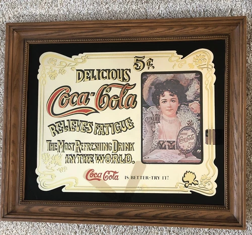 Vtg Coca-Cola Mirror Sign Delicious 5¢ Relieves Fatigue 23x19 FauxWood Frame
