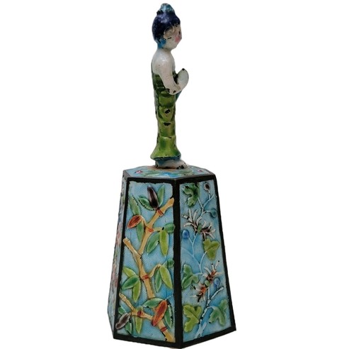 Chinese Cloisonne Enamel Silver Bell With Tibetan Monk Handle Antique 5.75" H - Picture 5 of 8