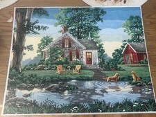 Cottage House By Pond Completed Paint By Number Painting. 20"X16" Dwk169