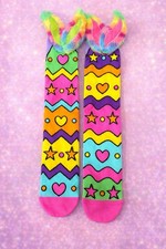 Girls Knee High Socks Colorful Stars Hearts Pattern Multicolor Fun Novelty
