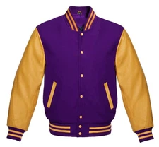 Varsity Letterman Purple Wool & Real Gold Cowhide Leather Sleeves Bomber Jacket