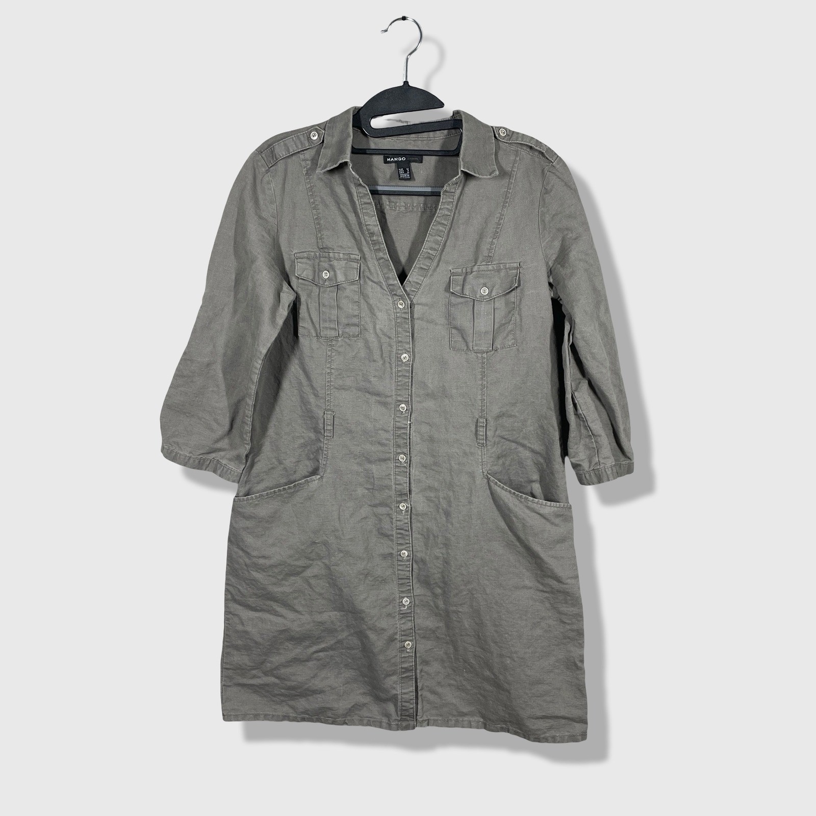 Vestido Camisa Mango Para Mujer Pequeño Verde Oliva Utilitario Safari Mezcla de Lino Informal
