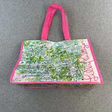Lilly Pulitzer Tote Bag Pink Green Palm Beach Print Reusable Shopper Bag Womens