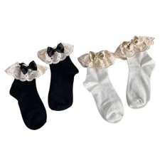 Women Girls Sweet Bow Crew Socks Embroidery Lace Ruffled Ankle Hosiery