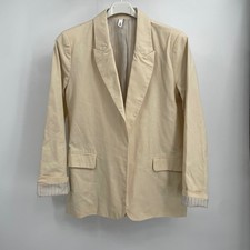 Glam Linen Cream Blazer Open Front Notch Collar Pinstripe Lined Size M