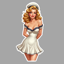 Vintage sailor pinup girl sticker vinyl decal dress busty blonde bikini